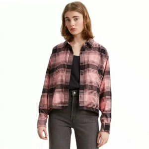 Levi's Maple Cotton Plaid Utility Shirt, Sz M, Pink, Navy Blue Cropped Flannel